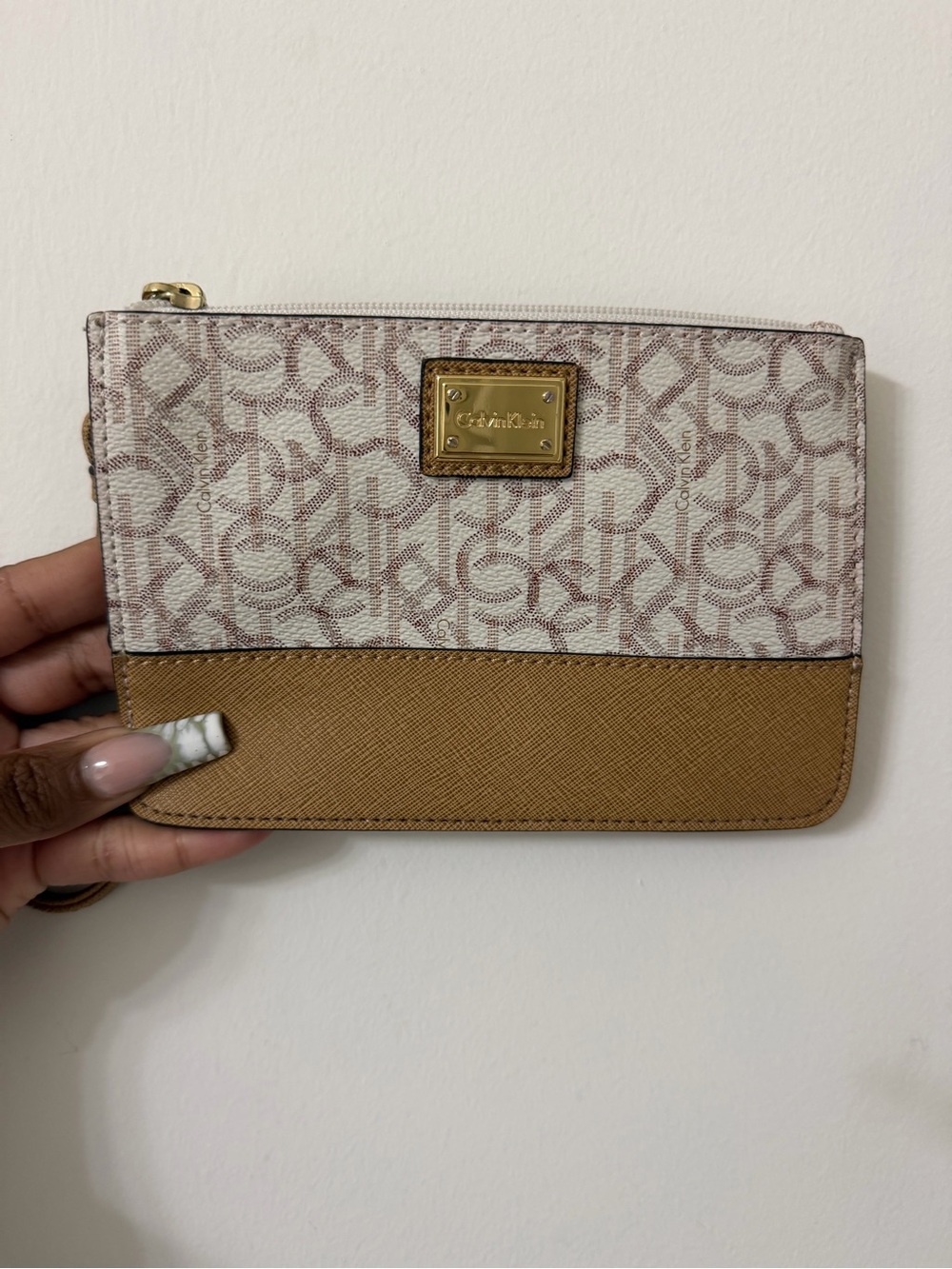 Calvin Klein Beige Signature Wristlet with Tan Saffiano Base